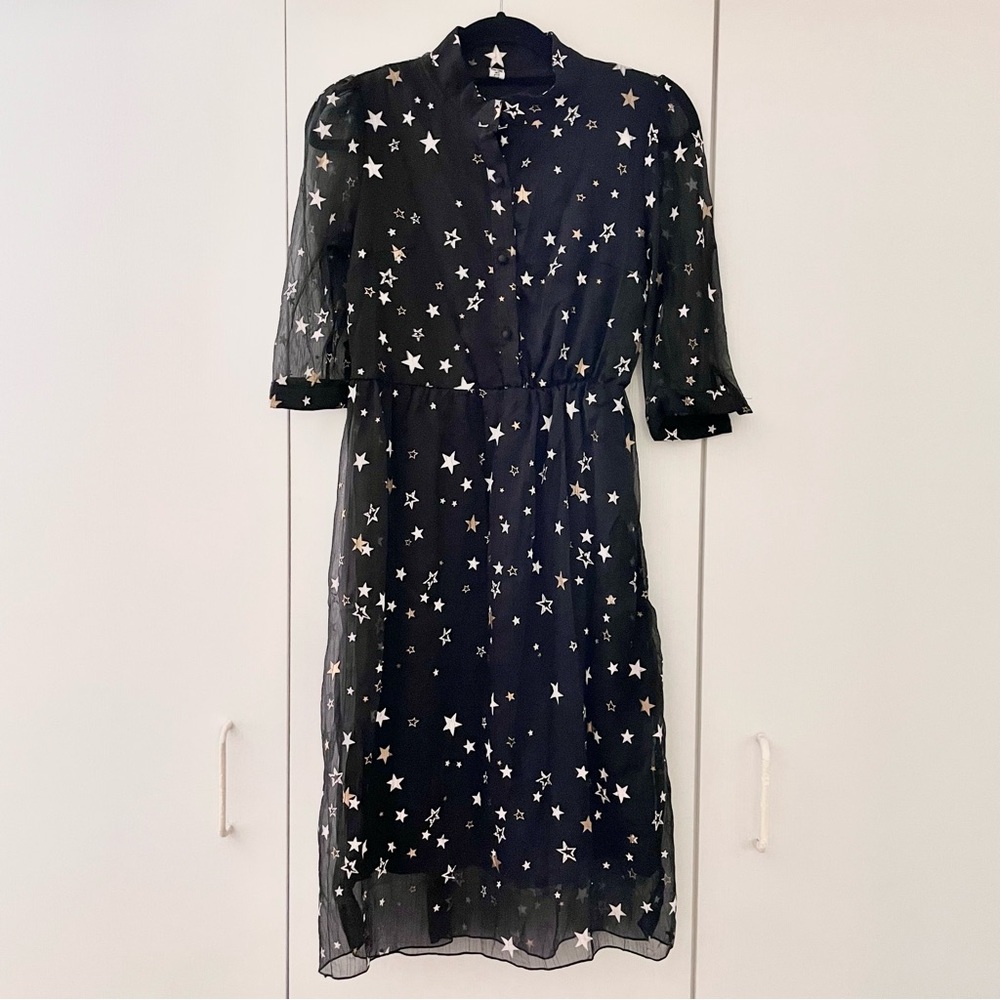 Pretty Star Print Dress with Semi-Sheer Sleeve Detail, Black White Gold Stars